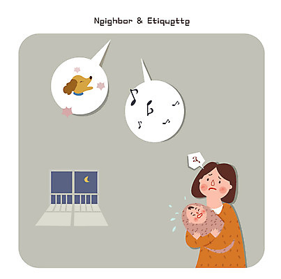 여자 음악 일러스트 아파트 성인 두명 아기 강아지 야간 소음 이웃 층간소음 국내일러스트 AI파일 자연요소 문화예술 주택 사람 반려동물 소리 개 파일형식 벡터