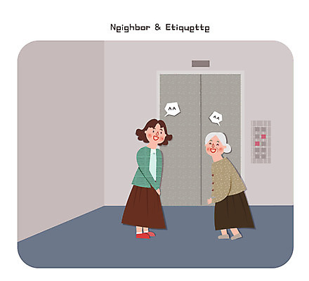 여자 노년 일러스트 아파트 성인 두명 인사 엘리베이터 이웃 국내일러스트 AI파일 주택 사람 예절 파일형식 벡터