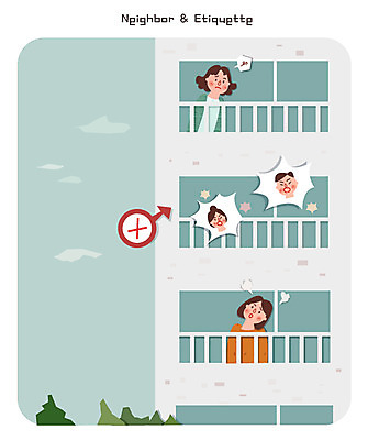 여자 일러스트 아파트 성인 두명 발코니 싸움 소음 갈등 이웃 층간소음 국내일러스트 AI파일 모션 주택 사람 소리 파일형식 벡터