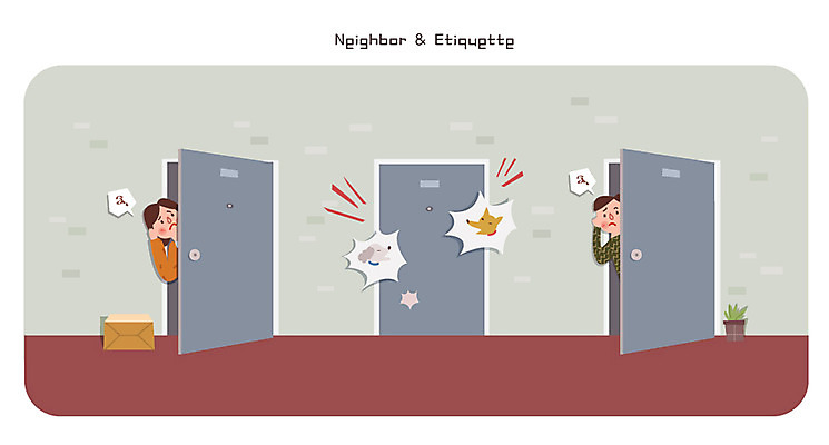 여자 남자 일러스트 아파트 성인 두명 소리 복도 강아지 현관문 소음 이웃 국내일러스트 AI파일 주택 사람 반려동물 문 개 파일형식 벡터