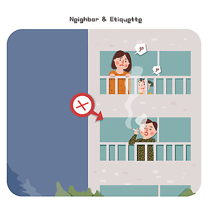 여자 남자 어린이 일러스트 아파트 흡연 담배 성인 세명 발코니 연기 냄새 문제 이웃 국내일러스트 AI파일 주택 사람 파일형식 벡터