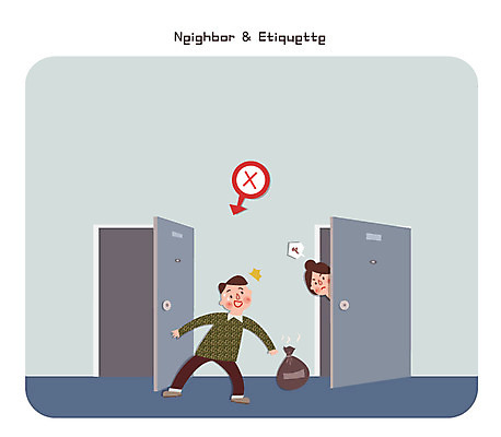 여자 남자 일러스트 성인 두명 쓰레기 버리기 현관문 문제 이웃 무단투기 무단 국내일러스트 AI파일 모션 사람 문 파일형식 벡터