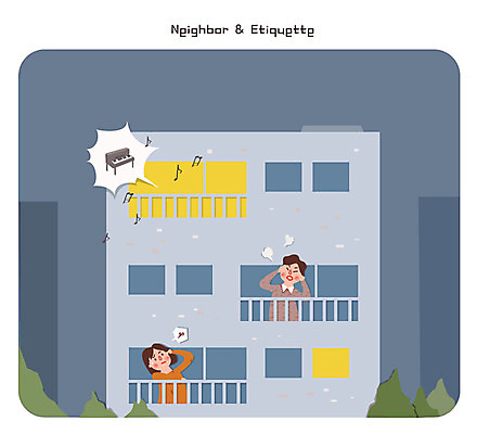 여자 남자 악기 음악 일러스트 아파트 성인 두명 건반 피아노 야간 시끄러움 소음 이웃 국내일러스트 AI파일 자연요소 문화예술 주택 사람 소리 건반악기 파일형식 벡터