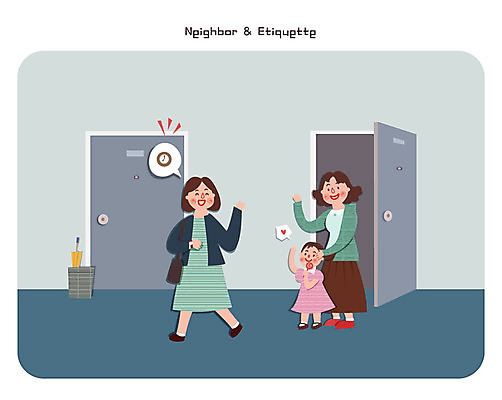 여자 어린이 일러스트 성인 세명 인사 현관문 워킹맘 이웃 정 국내일러스트 AI파일 엄마 사람 문 예절 비즈니스우먼 파일형식 벡터