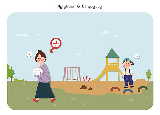 여자 남자 어린이 일러스트 성인 야외 두명 예절 강아지 놀이터 이웃 배설물 펫티켓 국내일러스트 AI파일 놀이 사람 반려동물 개 파일형식 벡터