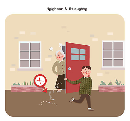 여자 노년 남자 일러스트 흡연 담배 성인 두명 예절 현관문 화단 담배꽁초 문제 이웃 무단투기 무단 국내일러스트 AI파일 사람 문 파일형식 벡터