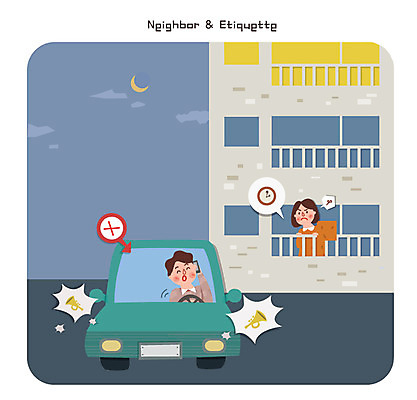 여자 남자 일러스트 자동차 아파트 성인 두명 발코니 예절 야간 주차장 통화 소음 이웃 경적 국내일러스트 AI파일 자연요소 육상교통 모션 주택 사람 소리 파일형식 벡터