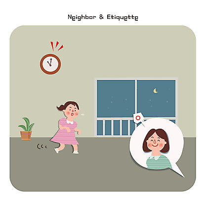 여자 어린이 시계 일러스트 아파트 성인 두명 예절 야간 이웃 국내일러스트 AI파일 자연요소 주택 사람 파일형식 벡터