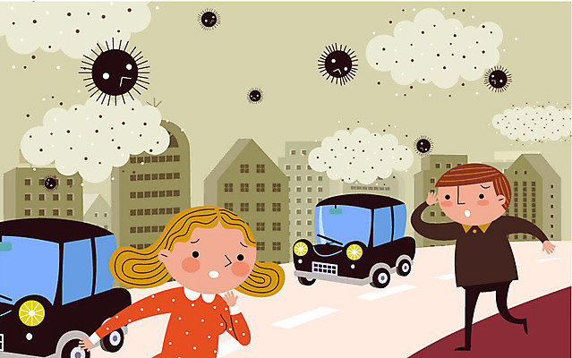 여자 남자 도로 일러스트 자동차 성인 두명 건물 환경 도시 환경오염 오염 스모그 유해물질 황사 미세먼지 국내일러스트 AI파일 건축물 길 육상교통 컨셉 교통시설 사람 먼지 파일형식 벡터