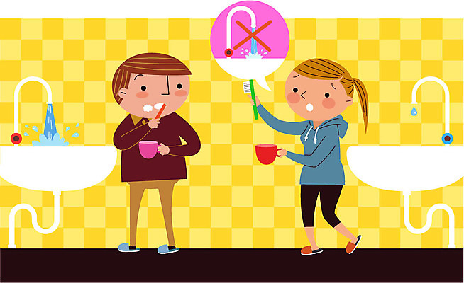 여자 남자 일러스트 실내 성인 두명 컵 자연보호 환경 그린캠페인 욕실 양치 절약 칫솔 세면대 에코 수도 수돗물 그린슈머 국내일러스트 AI파일 식기 캠페인 컨셉 자연 사람 내부 물 위생용품 청결 보호 파일형식 벡터