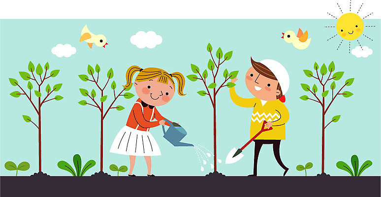 나무 구름 여자 남자 일러스트 조류 성인 두명 태양 새싹 자연보호 환경 그린캠페인 물뿌리개 삽 에코 나무심기 그린슈머 국내일러스트 AI파일 자연요소 식물 동물 캠페인 자연 사람 보호 심기 파일형식 벡터