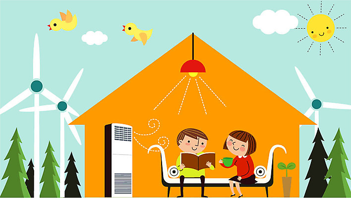 나무 구름 여자 남자 화분 일러스트 조류 주택 성인 두명 책 소파 태양 자연보호 환경 그린캠페인 풍차 풍력에너지 에어컨 에코 에너지절약 그린슈머 국내일러스트 AI파일 자연요소 식물 동물 캠페인 의자 자연 사람 건물 가전제품 에너지 절약 그린에너지 보호 파일형식 벡터