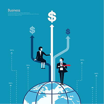 전신 여자 남자 화살표 지구 일러스트 CEO 성인 두명 세계 글로벌 달러 직장인 비즈니스맨 비즈니스우먼 화폐기호 주식 상승 국내일러스트 AI파일 직업 기호 컨셉 돈 비즈니스 사람 금융 화폐 파일형식 벡터