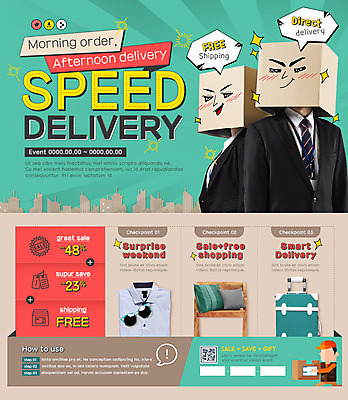 PSD 템플릿 여자 남자 웹템플릿 셔츠 의자 이벤트페이지 이벤트 20대 세명 세일 캐리어 여행가방 배달원 종이상자 이미지템플릿 직업 가구 상의 가방 사람 청년 상자 페이지 파일형식