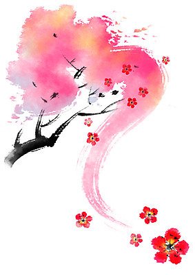 PSD 꽃 분홍색 일러스트 캘리그라피 붓터치 사람없음 빨간색 매화 번짐 국내일러스트 식물 컬러 파일형식 효과