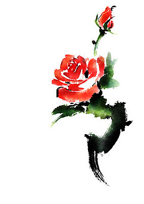 PSD 꽃 일러스트 캘리그라피 붓터치 사람없음 빨간색 장미 국내일러스트 식물 컬러 파일형식