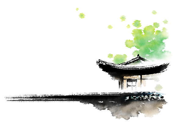 PSD 건축물 일러스트 캘리그라피 붓터치 한옥 사람없음 연두색 번짐 기와담장 국내일러스트 한국전통 건축 고건축 기와 초록색 담장 파일형식 효과