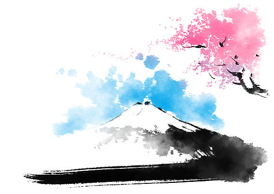 PSD 분홍색 하늘색 일러스트 캘리그라피 붓터치 산 사람없음 벚꽃 벚나무 번짐 국내일러스트 나무 꽃 컬러 파란색 파일형식 효과