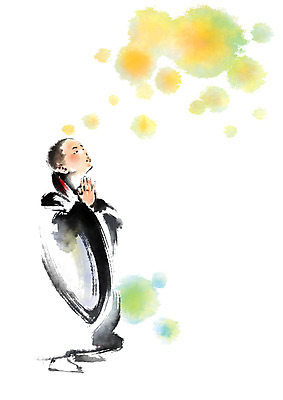 PSD 남자 종교 불교 일러스트 캘리그라피 붓터치 한명 상반신 성인 노란색 승려 번짐 합장 국내일러스트 1 컬러 사람 손짓 성직자 파일형식 효과