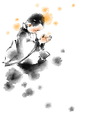 PSD 남자 종교 불교 일러스트 캘리그라피 붓터치 한명 상반신 성인 노란색 회색 승려 번짐 국내일러스트 1 컬러 사람 성직자 파일형식 효과