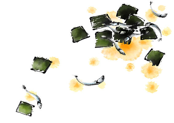 PSD 일러스트 식재료 캘리그라피 사람없음 초록색 노란색 번짐 다시마 멸치 국내일러스트 컬러 어류 해조류 파일형식 효과