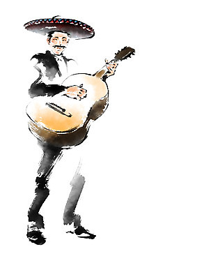 전신 PSD 남자 연주 일러스트 캘리그라피 붓터치 한명 들기 성인 기타 멕시코모자 국내일러스트 모자_잡화 1 음악 모션 현악기 사람 파일형식