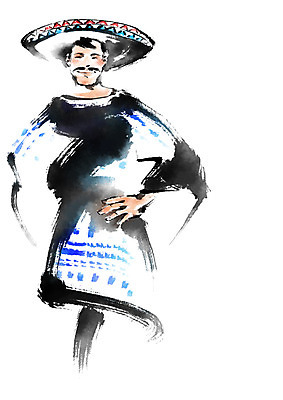 PSD 남자 일러스트 캘리그라피 붓터치 한명 상반신 성인 멕시코모자 숄 국내일러스트 모자_잡화 1 사람 파일형식