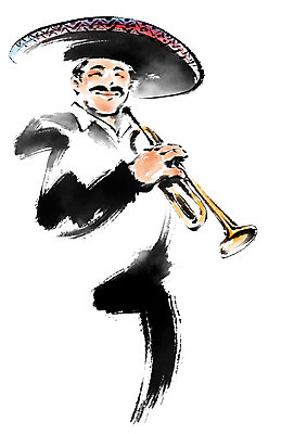 PSD 남자 연주 일러스트 캘리그라피 붓터치 한명 웃음 들기 상반신 성인 트럼펫 멕시코모자 국내일러스트 모자_잡화 1 음악 모션 표정 사람 금관악기 파일형식