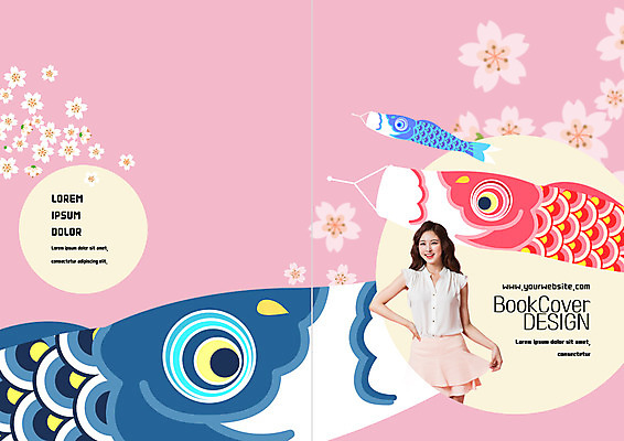 PSD 템플릿 표지디자인 북디자인 출판디자인 여자 표지 리플렛 북커버 한명 팜플렛 상반신 20대 성인 일본 축제 한국인 벚꽃 일본여행 잉어 고이노보리 물고기모양 이미지템플릿 1 문양 꽃 아시아 해외여행 어류 사람 동양인 청년 깃발 일본전통 파일형식