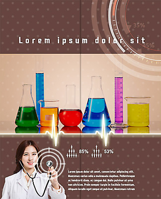 PSD 템플릿 표지디자인 북디자인 출판디자인 여자 내지 리플렛 2단접지 북커버 의학 청진기 한명 웃음 팜플렛 상반신 20대 성인 한국인 의사 플라스크 시험관 비커 용액 이미지템플릿 1 의료기기 표정 실험기구 사람 동양인 청년 의료진 파일형식