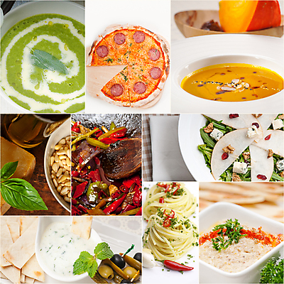 포토 JPG 해외이미지 그릇 피자 파스타 실내 요리 사람없음 세트 하이앵글 샐러드 수프 올리브오일 종지 잣 바질 나무숟가락 해외202004 해외포토 식기 음식 뷰포인트 패스트푸드 서양음식 내부 숟가락 견과류 기름_음식 파일형식 이미지허브