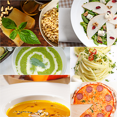 포토 JPG 해외이미지 그릇 접시 유리병 치즈 피자 파스타 실내 사람없음 세트 하이앵글 샐러드 수프 잣 바질 해외202004 해외포토 식기 음식 뷰포인트 병_용기 유제품 패스트푸드 서양음식 내부 견과류 파일형식 이미지허브