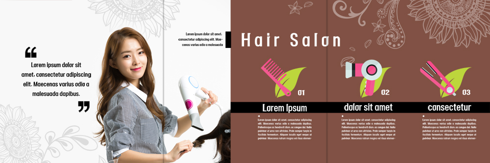 PSD 템플릿 우먼라이프 헤어스타일 표지디자인 북디자인 출판디자인 여자 내지 리플렛 꽃무늬 북커버 3단접지 한명 팜플렛 상반신 20대 성인 옆모습 뷰티 한국인 머리빗 미용실 드라이어 미용사 머리손질 헤어관리 고데기 젠탱글 이미지템플릿 직업 1 라이프스타일 꽃 뷰포인트 무늬 사람 동양인 청년 미용용품 뷰티샵 헤어용품 파일형식