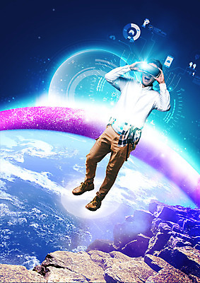 PSD 편집 편집이미지 남자 지구 스마트라이프 한명 서기 성인 놀람 바위 스마트 가상현실 VR기기 이미지편집 1 라이프스타일 감정 컨셉 모션 표정 사람 기계 돌_바위 파일형식