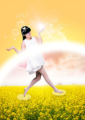 PSD 편집 편집이미지 여자 꽃밭 스마트라이프 한명 서기 웃음 20대 성인 봄 스마트 유채 의료성형뷰티 가상현실 VR기기 이미지편집 1 라이프스타일 계절 꽃 컨셉 모션 표정 사람 청년 기계 파일형식