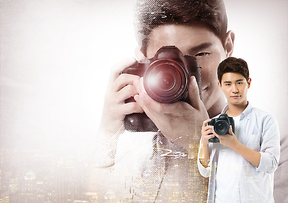 PSD 편집 편집이미지 직업 남자 실루엣 빌딩 상반신 20대 성인 두명 카메라 한국인 사진사 이미지편집 촬영기법 사람 동양인 청년 건물 전자제품 작가 파일형식