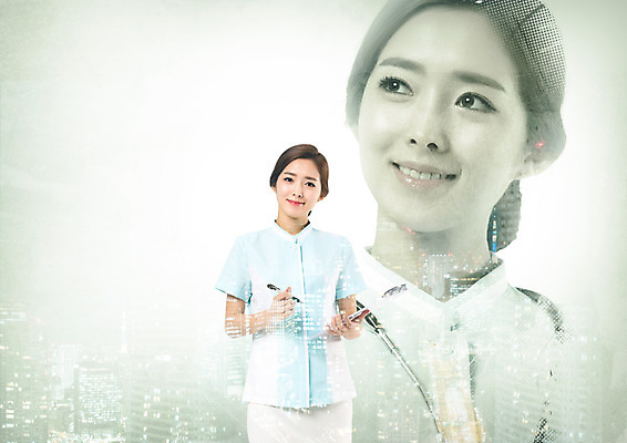 PSD 편집 편집이미지 직업 여자 실루엣 웃음 빌딩 상반신 20대 성인 두명 펜 한국인 간호사 서류판 이미지편집 촬영기법 표정 사람 동양인 청년 건물 필기구 사무용품 의료진 파일형식