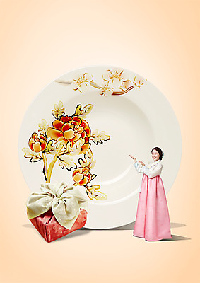 PSD 편집 편집이미지 접시 여자 꽃 한식 캘리그라피 안내 한명 서기 웃음 성인 30대 한국인 보자기 한복 이미지편집 식물 1 한국전통 식기 음식 모션 표정 사람 동양인 장년 전통의상 파일형식 천_직물