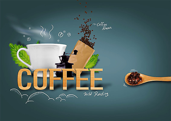 PSD 편집 편집이미지 커피 음식 나뭇잎 사람없음 숟가락 원두 커피잔 핸드밀 이미지편집 음료 잎 잔 수저 커피용품 파일형식