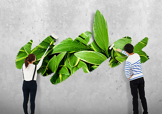 PSD 편집 편집이미지 여자 남자 페인팅 나뭇잎 서기 20대 성인 두명 뒷모습 환경 한국인 에코 페인트롤러 그린슈머 이미지편집 뷰포인트 잎 모션 사람 동양인 청년 파일형식