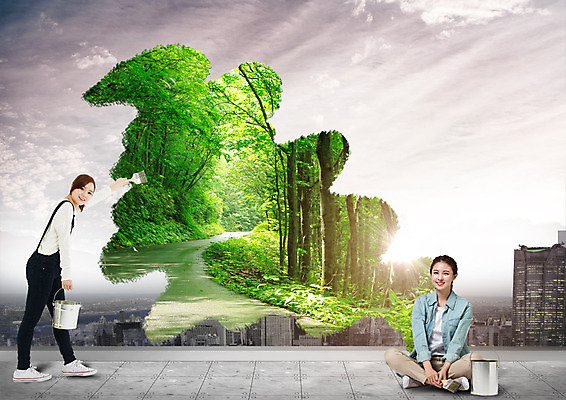 PSD 나무 구름 편집 편집이미지 여자 하늘 서기 웃음 앉기 빌딩 20대 성인 두명 자연보호 환경 그린캠페인 한국인 도시 숲 에코 페인트통 숲길 그린슈머 이미지편집 자연요소 식물 길 캠페인 모션 자연 통 표정 사람 동양인 청년 건물 페인트 보호 파일형식