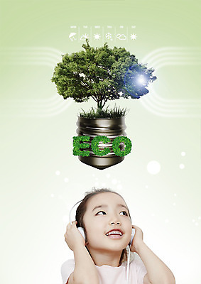 PSD 나무 편집 편집이미지 여자 전구 한명 웃음 상반신 자연보호 환경 그린캠페인 헤드폰 한국인 그린에너지 에코 그린슈머 이미지편집 식물 1 캠페인 음향기기 자연 표정 사람 동양인 에너지 보호 파일형식