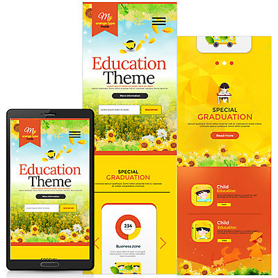 PSD 템플릿 여자 어린이교육 교육 남자 어린이 웹템플릿 모바일 해바라기 세명 스마트폰 노란색 유치원생 모바일템플릿 모바일웹 이미지템플릿 꽃 컬러 사람 핸드폰 스마트기기 파일형식