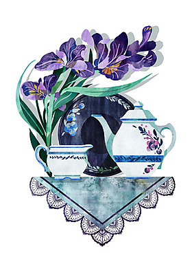 PSD 접시 꽃 일러스트 주전자 사람없음 보라색 식탁보 빈티지 붓꽃 티세트 국내일러스트 식물 식기 컬러 컨셉 주방용품 차_음료 세트 파일형식