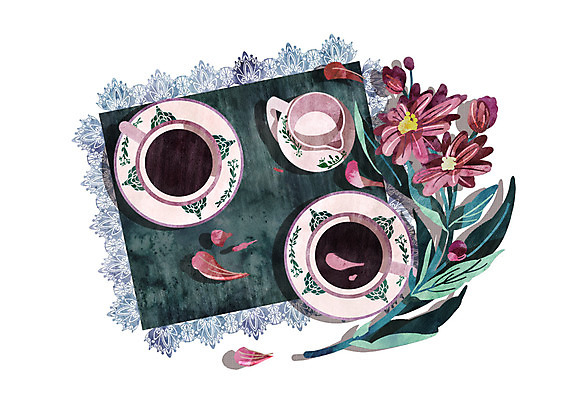 PSD 꽃 분홍색 일러스트 주전자 사람없음 식탁보 빈티지 찻잔 티세트 국내일러스트 식물 컬러 컨셉 주방용품 잔 차_음료 세트 파일형식