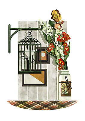 PSD 꽃 벽 액자 일러스트 조류 유리병 사람없음 빈티지 새장 국내일러스트 식물 동물 컨셉 병_용기 케이지 파일형식