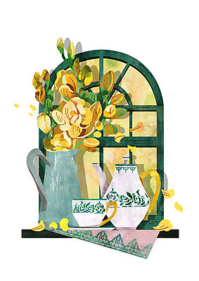 PSD 꽃 일러스트 창문 주전자 사람없음 노란색 꽃병 빈티지 찻잔 국내일러스트 식물 컬러 컨셉 주방용품 잔 파일형식