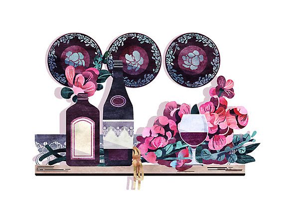 PSD 접시 꽃 와인잔 일러스트 사람없음 꽃병 빈티지 자주색 와인병 국내일러스트 식물 식기 컬러 컨셉 술잔 병_용기 와인 파일형식