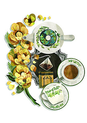 PSD 꽃 일러스트 주전자 사람없음 노란색 식탁보 빈티지 차 찻잔 티백 국내일러스트 식물 음료 컬러 컨셉 주방용품 잔 차_음료 파일형식