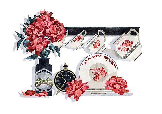 PSD 접시 꽃 시계 일러스트 주전자 유리병 사람없음 빨간색 장미 빈티지 국내일러스트 식물 식기 컬러 컨셉 주방용품 병_용기 파일형식